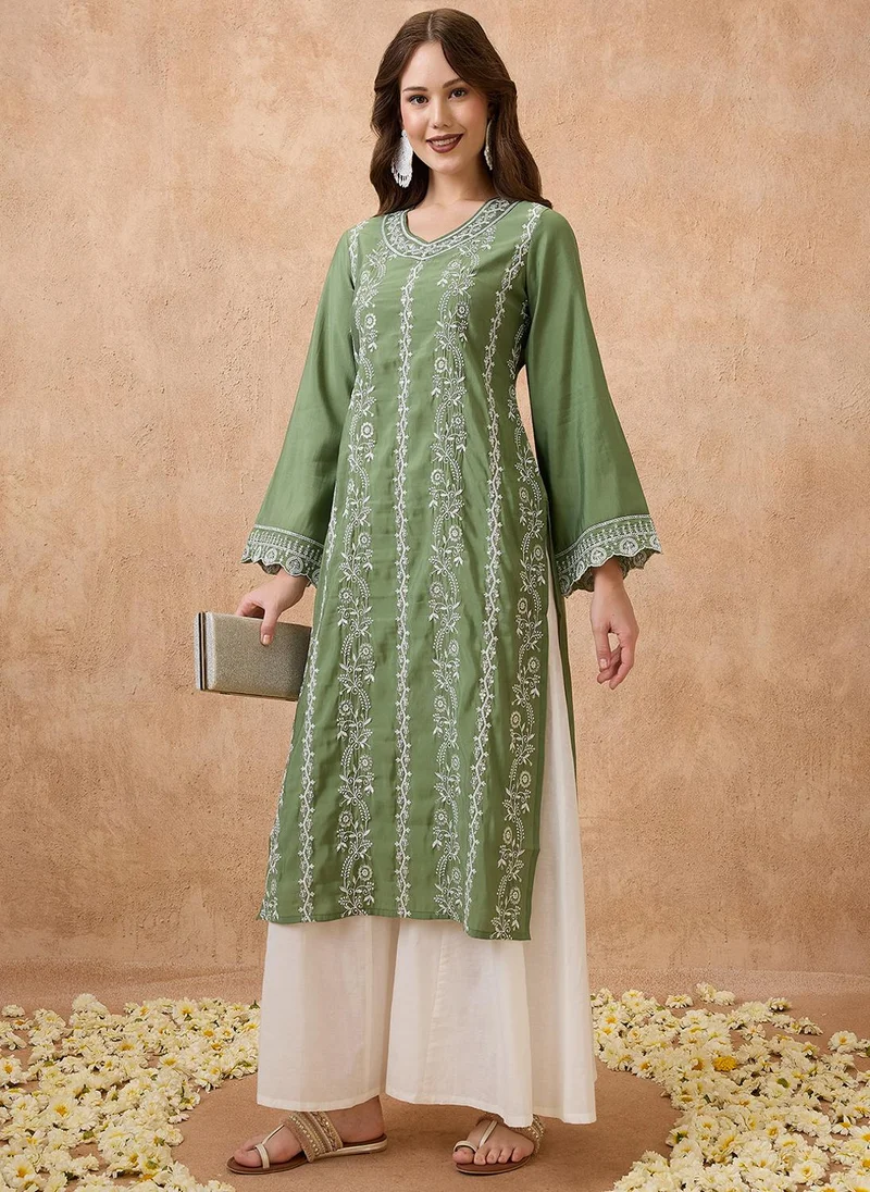 globus Globus Women Floral Embroidered V-Neck Scalloped Bell Sleeves Straight Festive Kurta